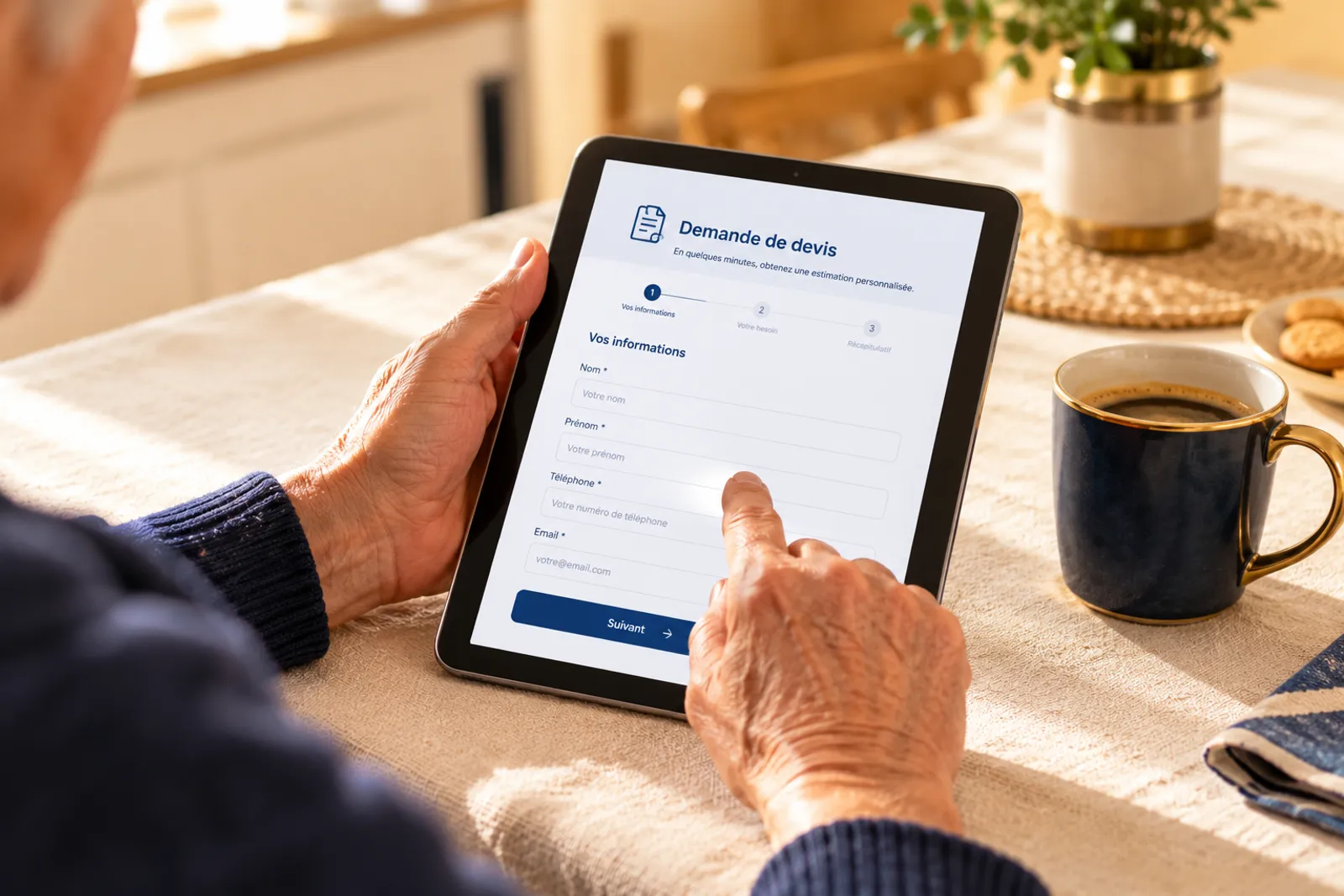 Une demande de devis remplie sereinement sur tablette, un café à portée de main