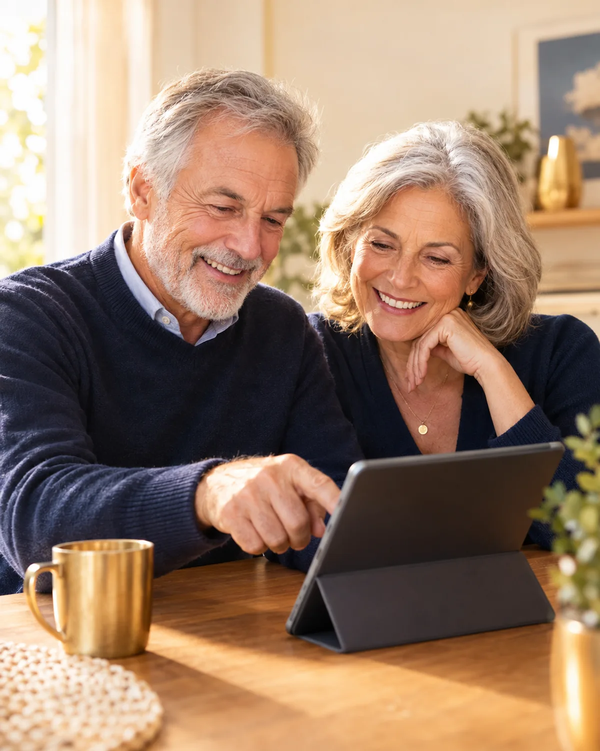 Un couple de seniors compare sereinement ses offres de mutuelle sur une tablette